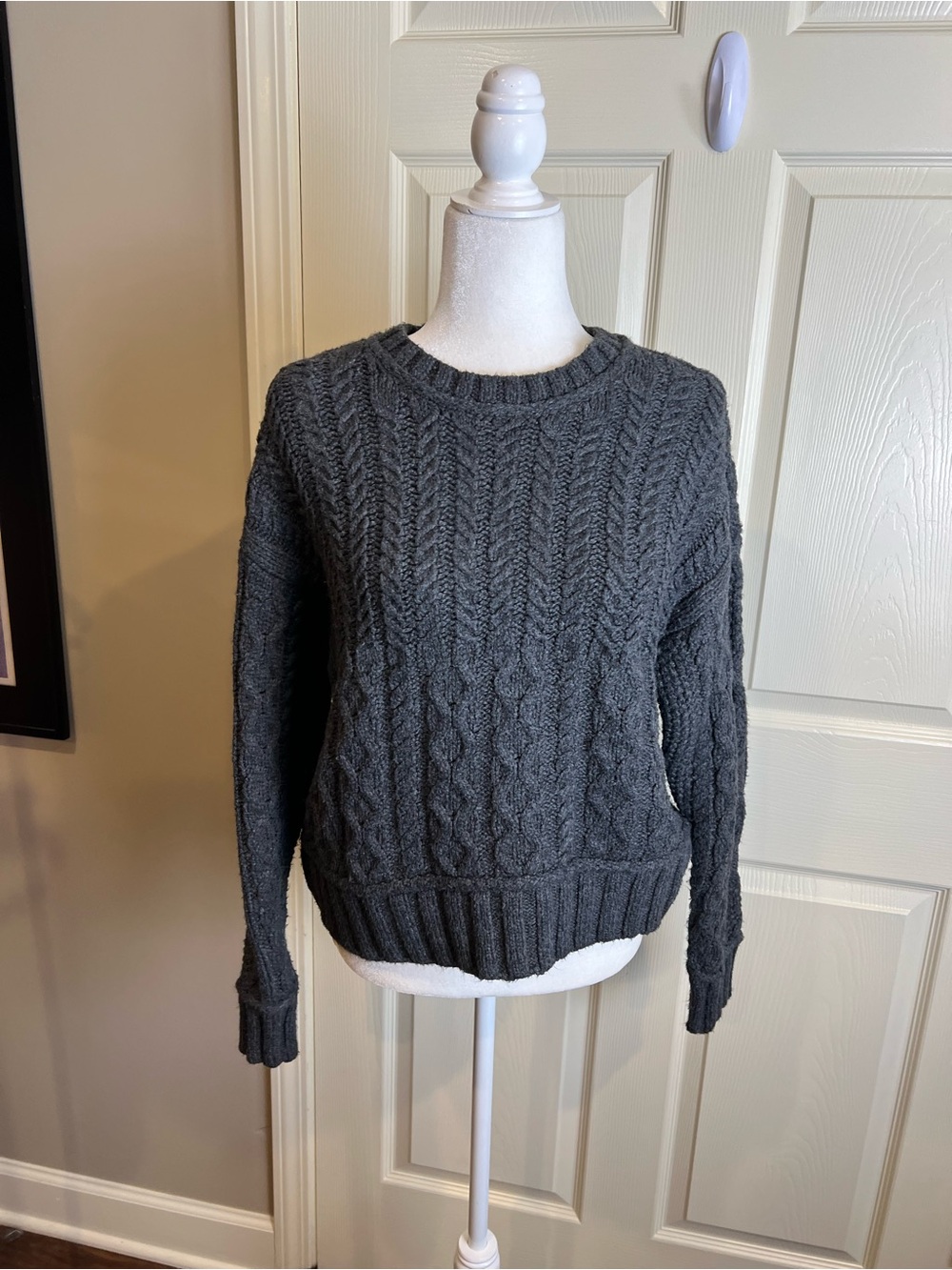 Lucky brand cropped chunky cotton cable knit fisherman sweater grey medium - Picture 2 of 11